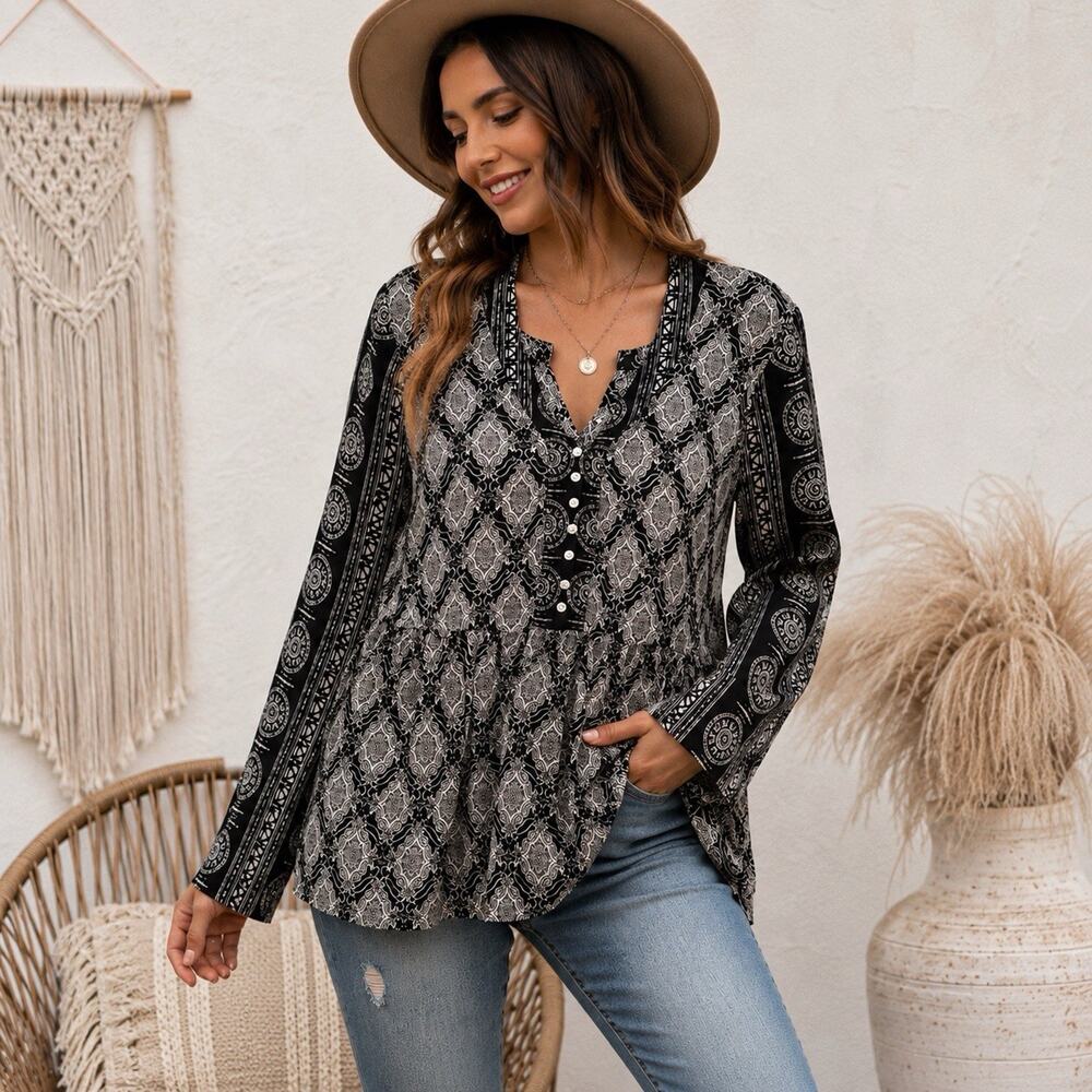 Knox Rose Boho Peplum Blouse Black Cream Medallion Long Sleeve Top Size M